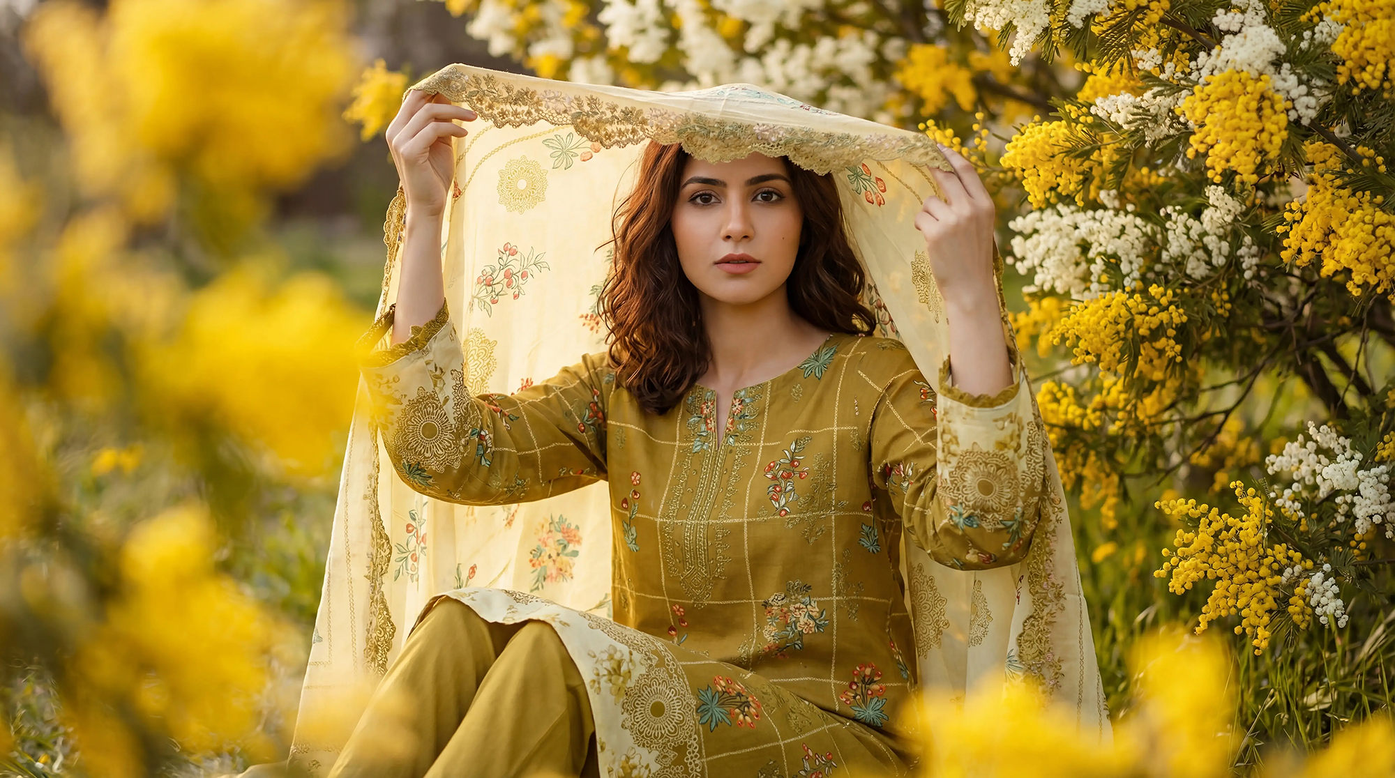 AI-generated fashion shoot — two models in a mustard field